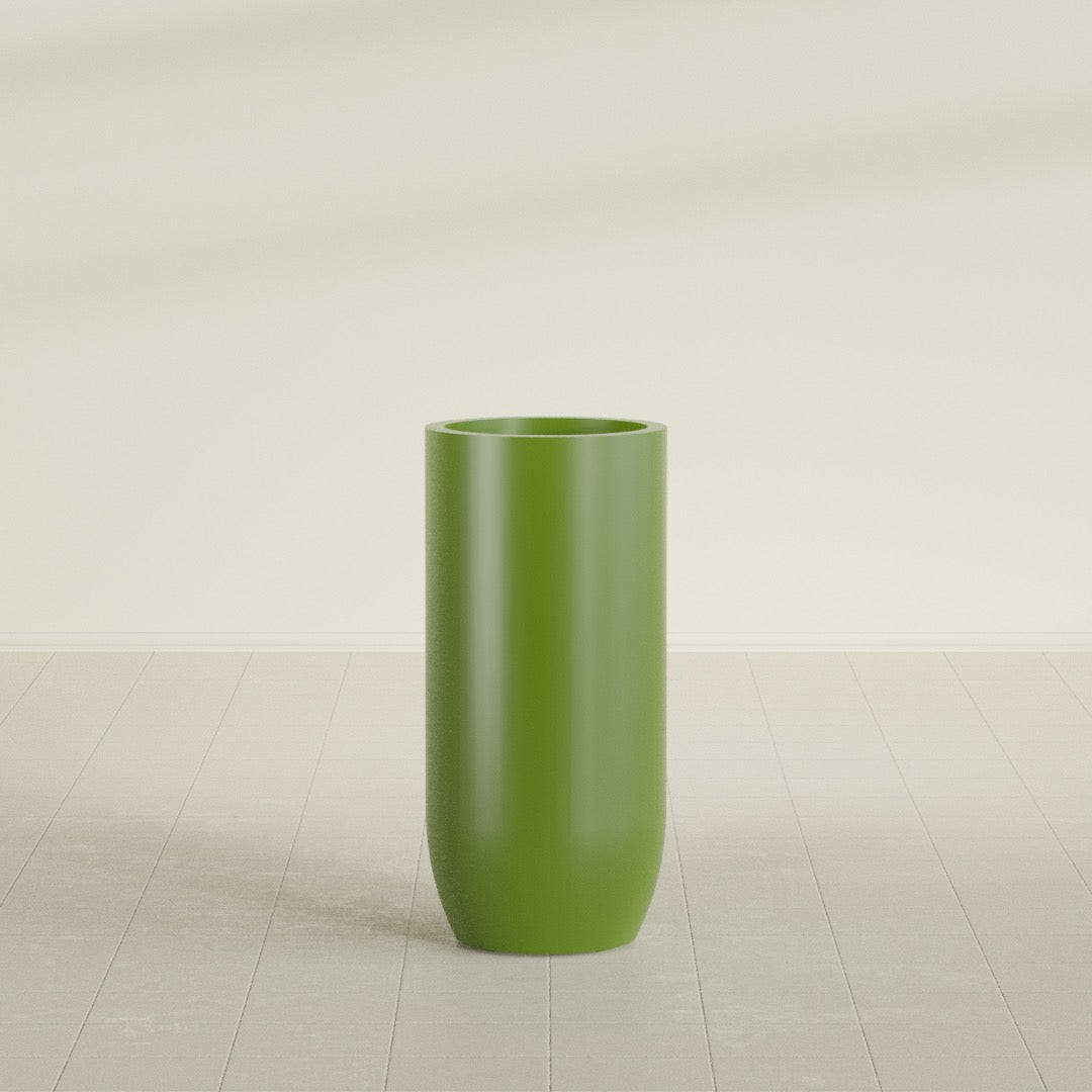 Saint Tropez Bullet Round Planter in Satin Green, 20"D × 43"H, shown empty