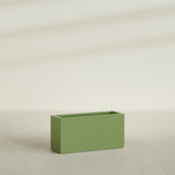 Hollywood Narrow Rectangular Planter in Satin Green, 36"L × 12"D × 24"H, shown empty