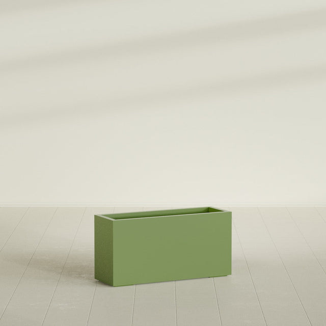 Hollywood Narrow Rectangular Planter in Satin Green, 36"L × 12"D × 24"H, shown empty