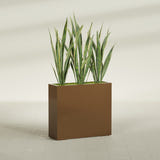 Delray Rectangular fiberglass planter in Metallic Bronze, shown planted, in a sunlit interior