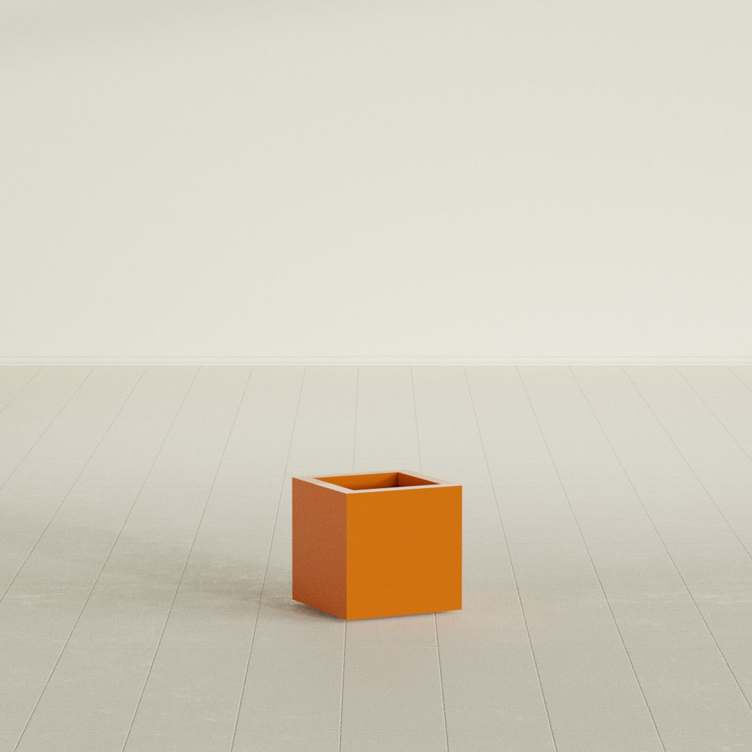 Montroy Cube Planter in Gloss Tangerine, 12", shown empty