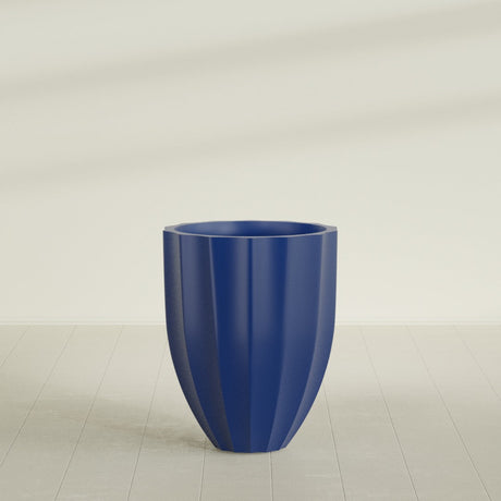 Alicante Fluted Planter in Matte Cobalt Blue, 26"D × 32"H, shown empty