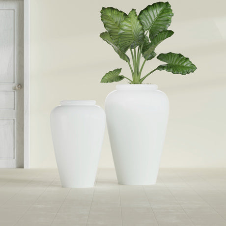 Barà Jar fiberglass planter in Gloss Bright White, size range, in a sunlit interior