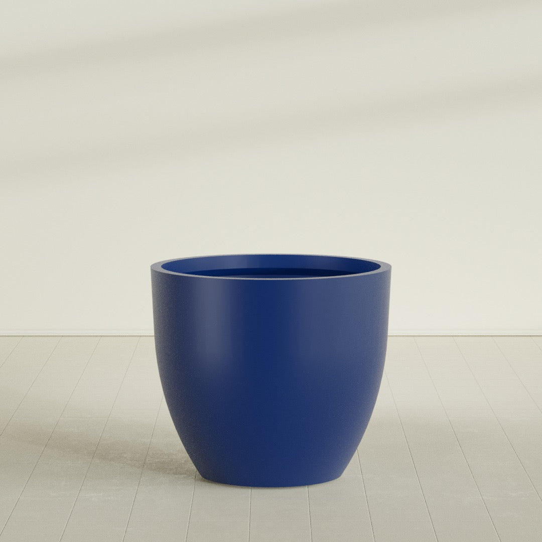 Wannsee Round Planter in Matte Cobalt Blue, 50"D × 44"H, shown empty