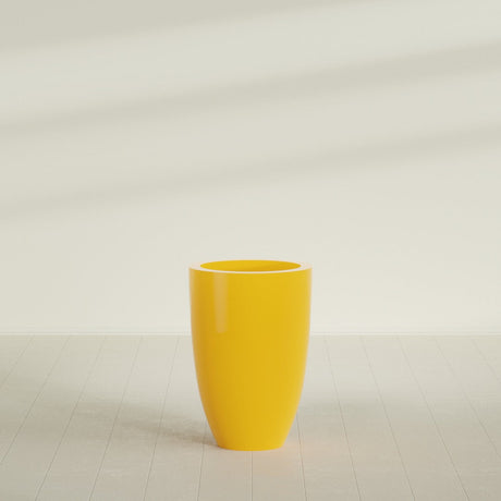 Brannan Tapered Round Planter in Gloss Saffron, 24"D × 35"H, shown empty