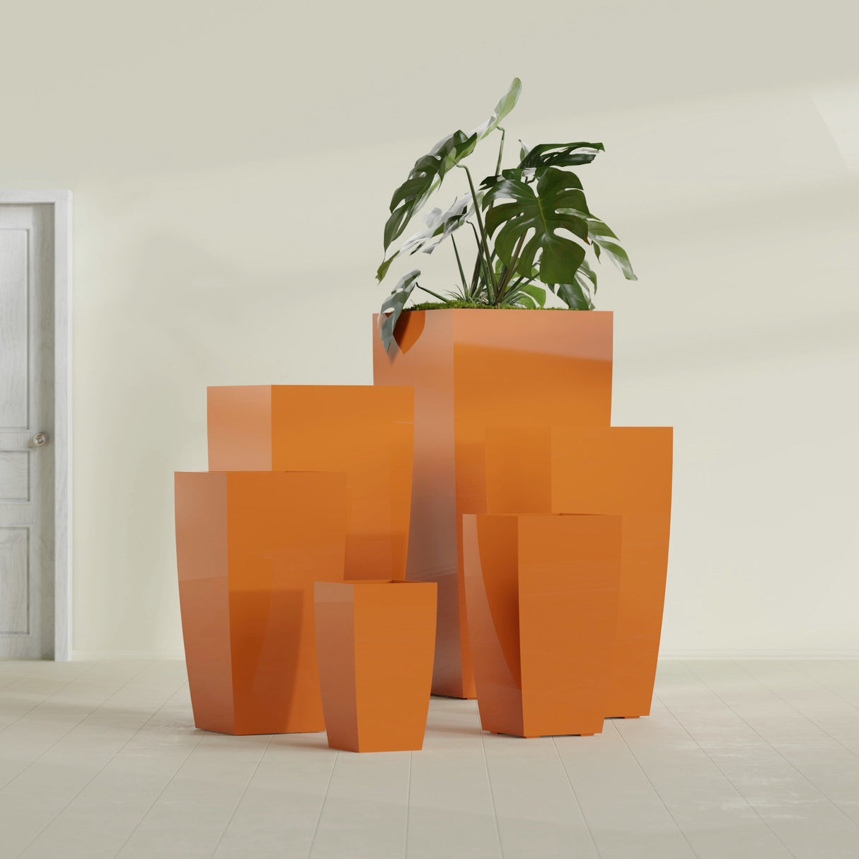 Toulan Tapered Square fiberglass planter in Gloss Tangerine, size range, in a sunlit interior