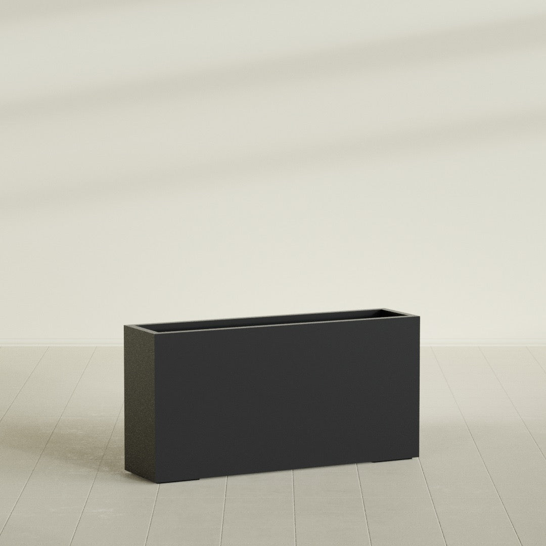 Hollywood Narrow Rectangular Planter in Matte Black, 48"L × 12"D × 24"H, shown empty