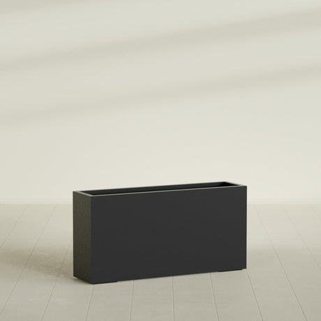 Hollywood Narrow Rectangular Planter in Matte Black, 48"L × 12"D × 24"H, shown empty