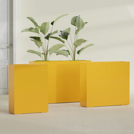 Amesbury Narrow Rectangular fiberglass planter in Gloss Saffron, size range, in a sunlit interior