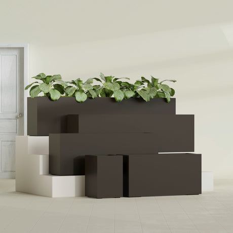 Miami Corner fiberglass planter in Matte Dark Brown, size range, in a sunlit interior
