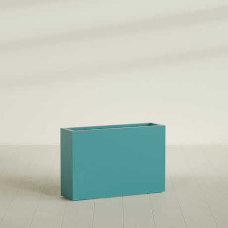 Milano Narrow Rectangular Planter in Satin Seafoam Green, 36"L × 10"D × 24"H, shown empty