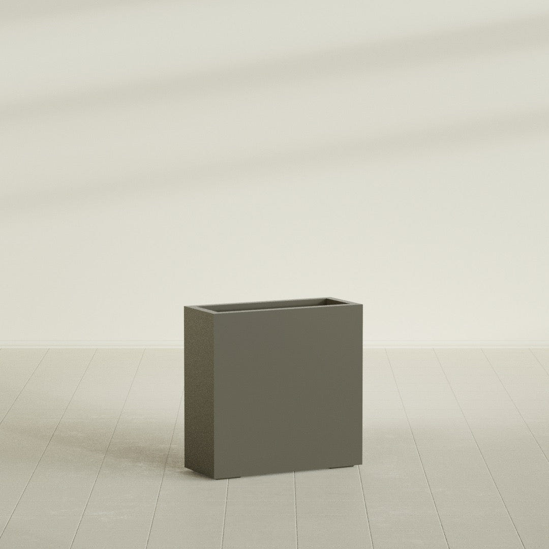 Milano Narrow Rectangular Planter in Matte Bronze, 24"L × 10"D × 24"H, shown empty