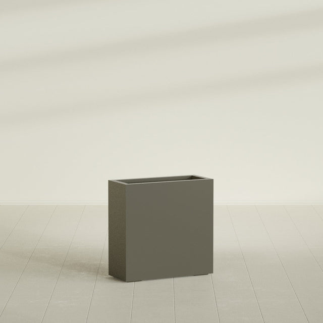 Milano Narrow Rectangular Planter in Matte Bronze, 24"L × 10"D × 24"H, shown empty