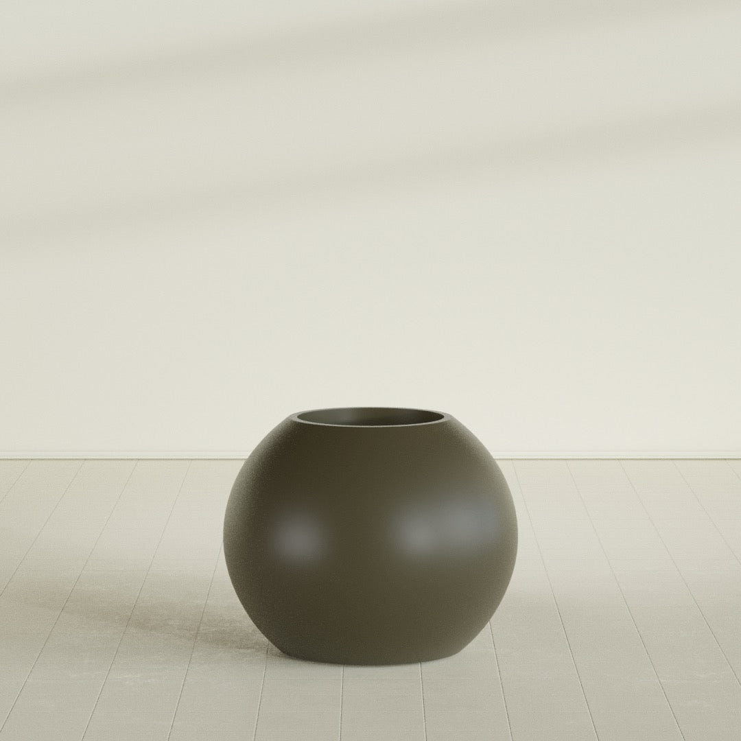 Globe Planter in Matte Bronze, 30"D × 24"H, shown empty