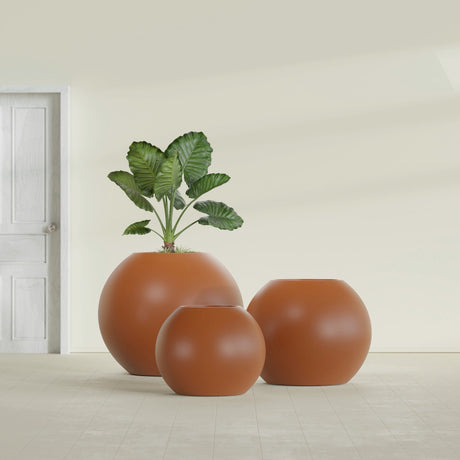 Globe fiberglass planter in Matte Terra Cotta, size range, in a sunlit interior
