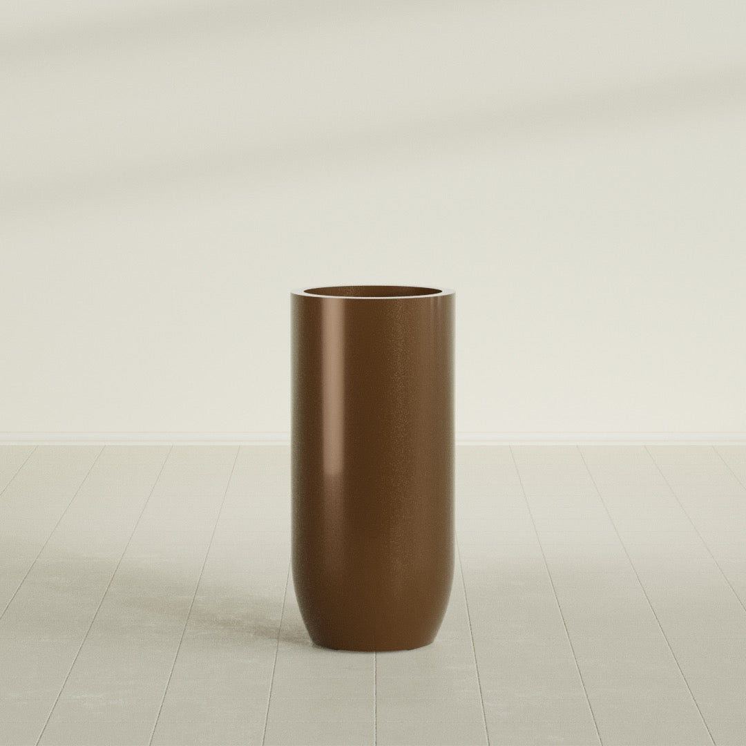Saint Tropez Bullet Round Planter in Metallic Bronze, 20"D × 43"H, shown empty