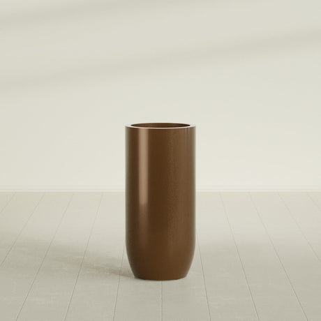 Saint Tropez Bullet Round Planter in Metallic Bronze, 20"D × 43"H, shown empty