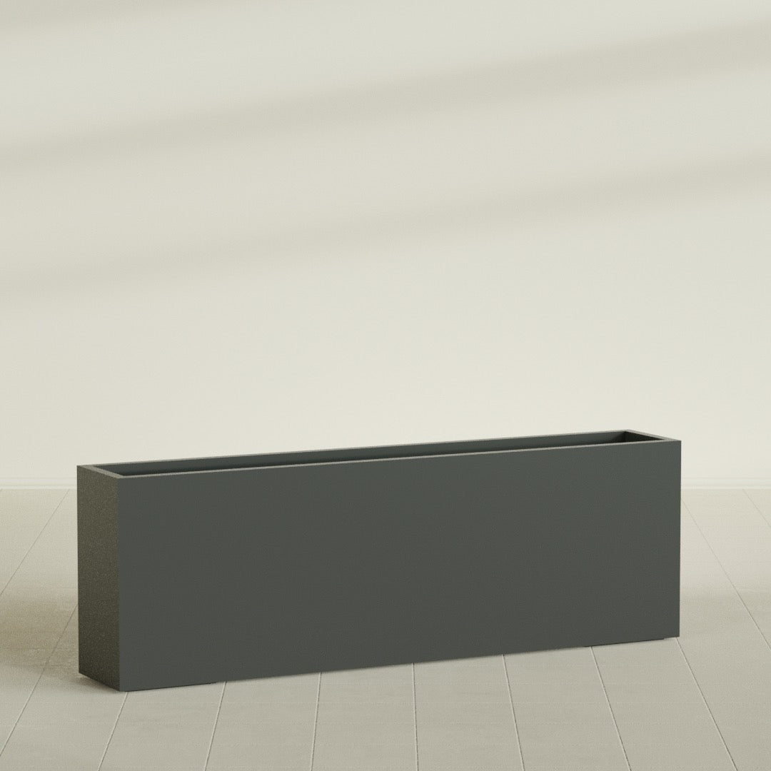 Hollywood Narrow Rectangular Planter in Matte Charcoal, 72"L × 12"D × 24"H, shown empty