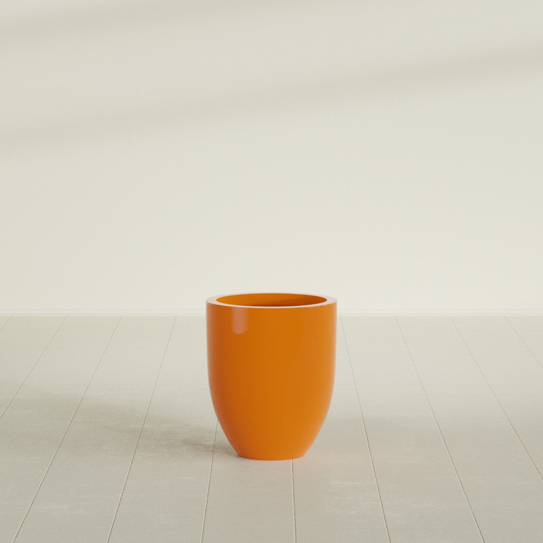Valencia Tapered Round Planter in Gloss Tangerine, 15"D × 18"H, shown empty