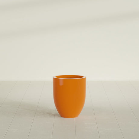 Valencia Tapered Round Planter in Gloss Tangerine, 15"D × 18"H, shown empty