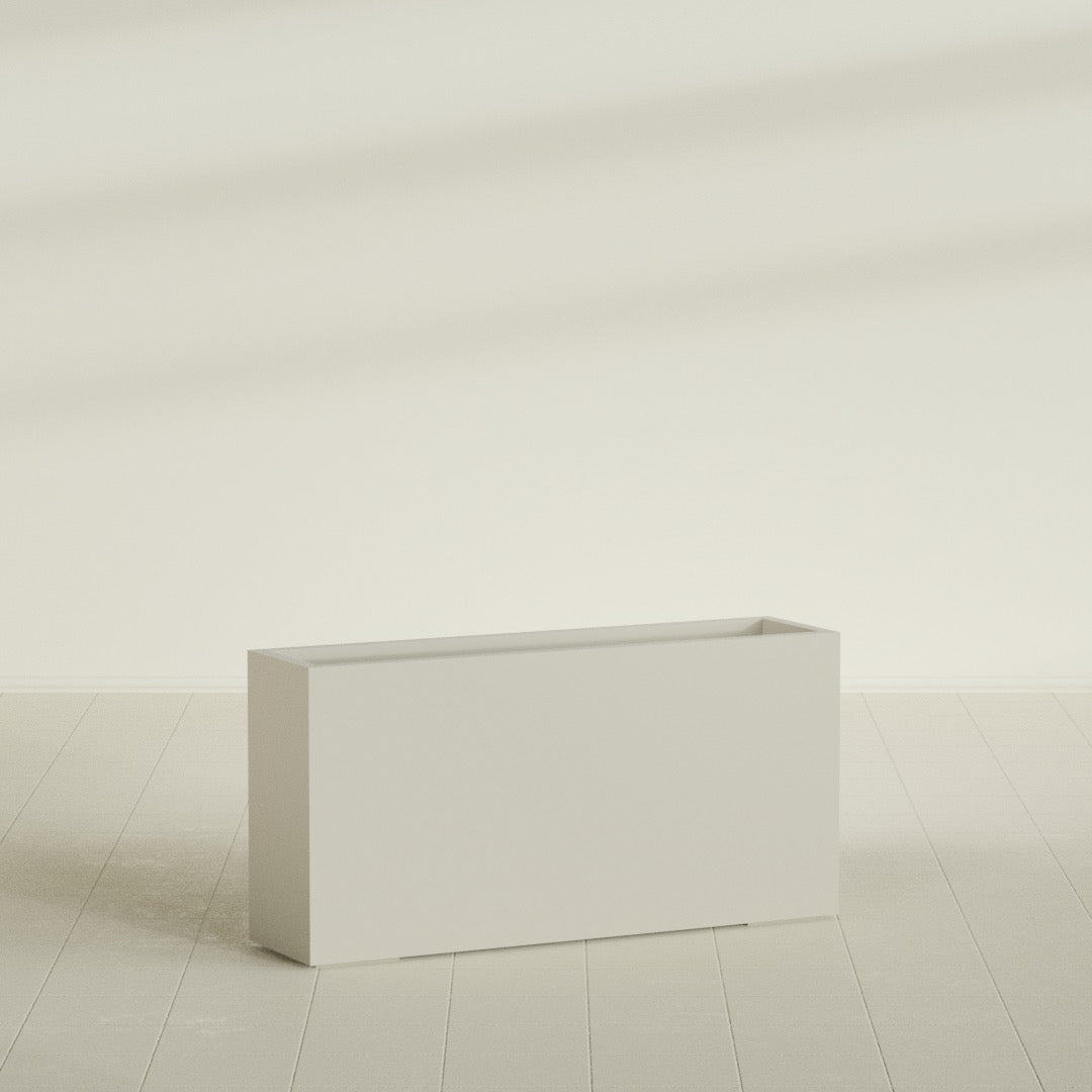 Hollywood Narrow Rectangular Planter in Satin Beige, 48"L × 12"D × 24"H, shown empty
