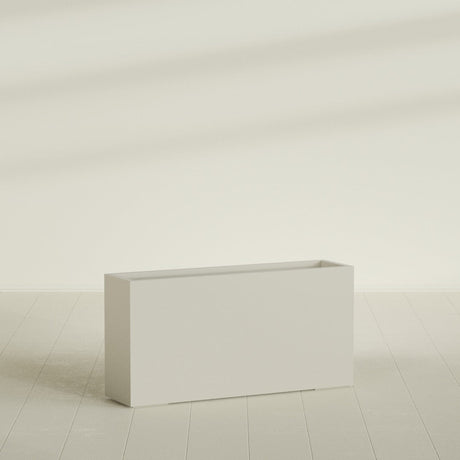 Hollywood Narrow Rectangular Planter in Satin Beige, 48"L × 12"D × 24"H, shown empty