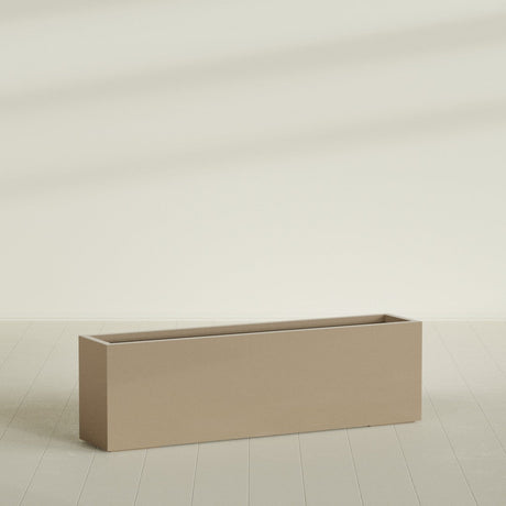 Miami Narrow Rectangular Planter in Gloss Metallic Gold, 60"L × 12"D × 18"H, shown empty