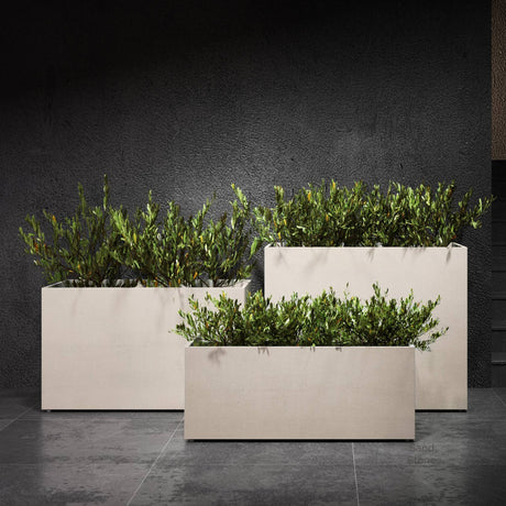Semplito rectangular Cosapots fiberglass planters in Sand Stone, shown in a group of three with clipped shrubs.