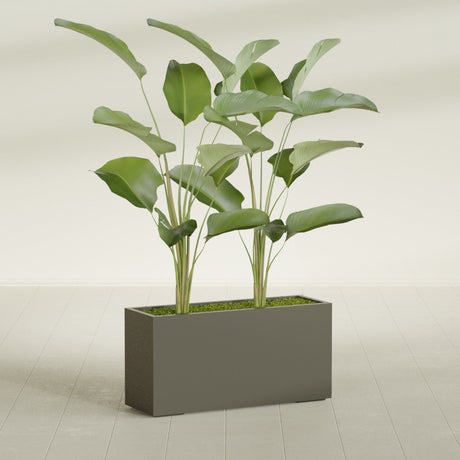 Tolga Corner fiberglass planter in Matte Bronze, shown planted, in a sunlit interior