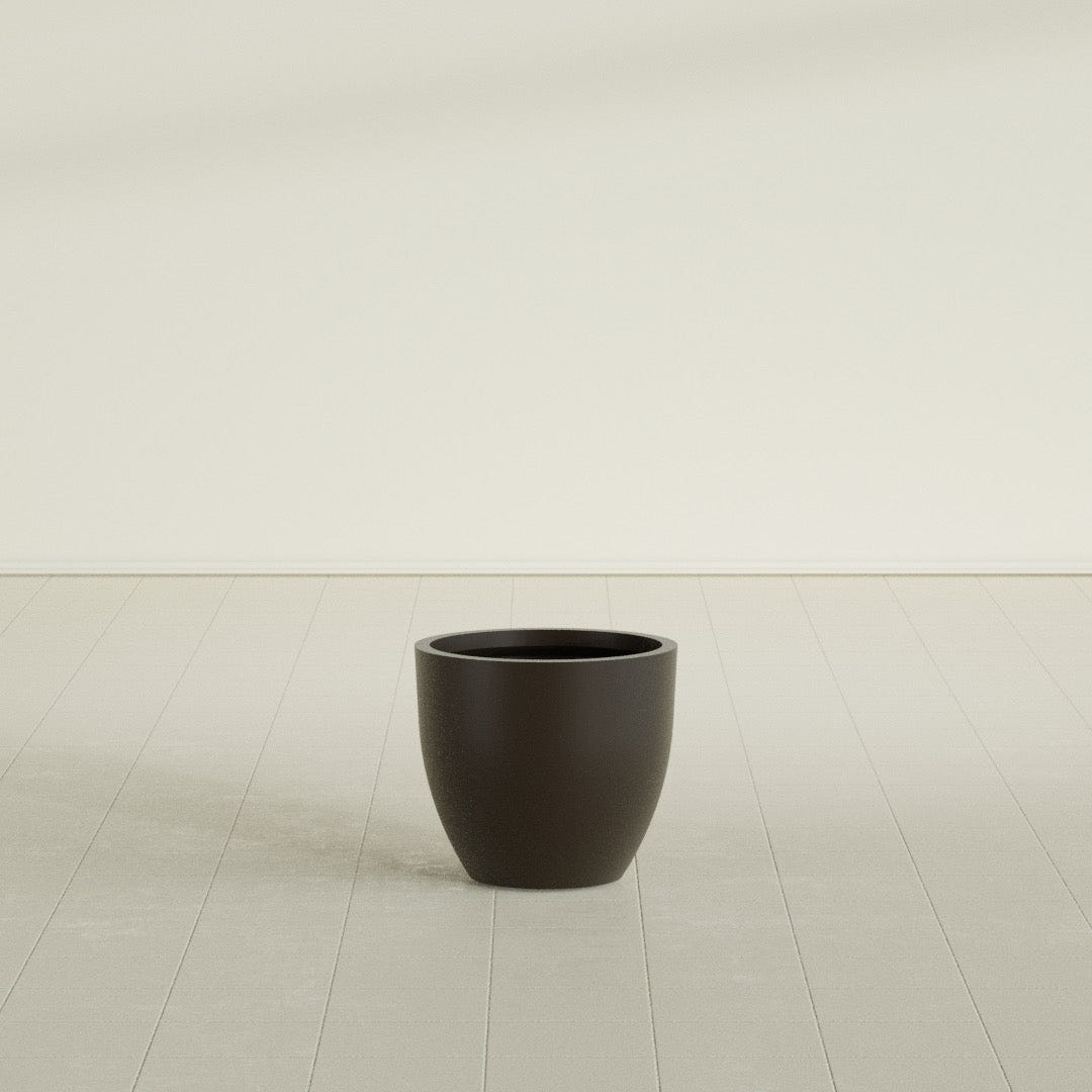Wannsee Round Planter in Matte Dark Brown, 22"D × 19"H, shown empty
