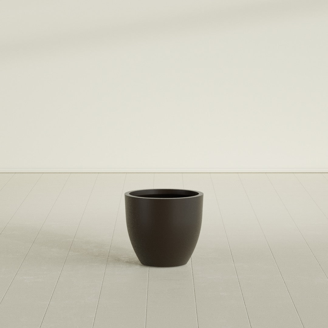 Wannsee Round Planter in Matte Dark Brown, 22"D × 19"H, shown empty