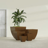 Lima Tapered Square fiberglass planter in Metallic Bronze, size range, in a sunlit interior