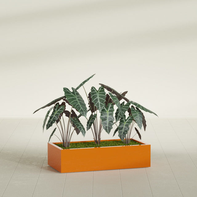 Antwerp Rectangular fiberglass planter in Gloss Tangerine, planted, in a sunlit interior