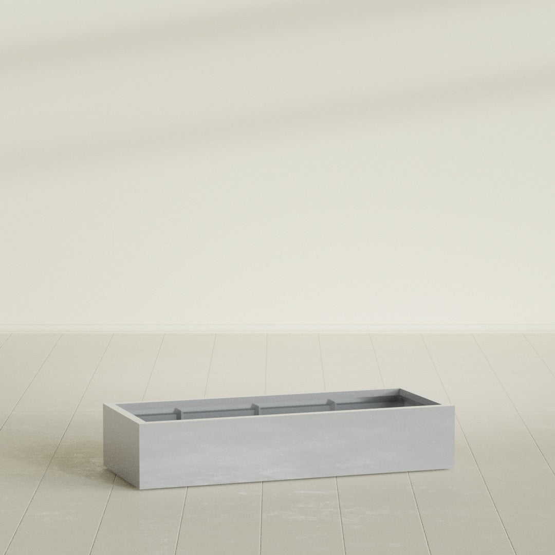 Antwerp Rectangular Planter in Metallic Silver, 60"L × 24"D × 12"H, shown empty