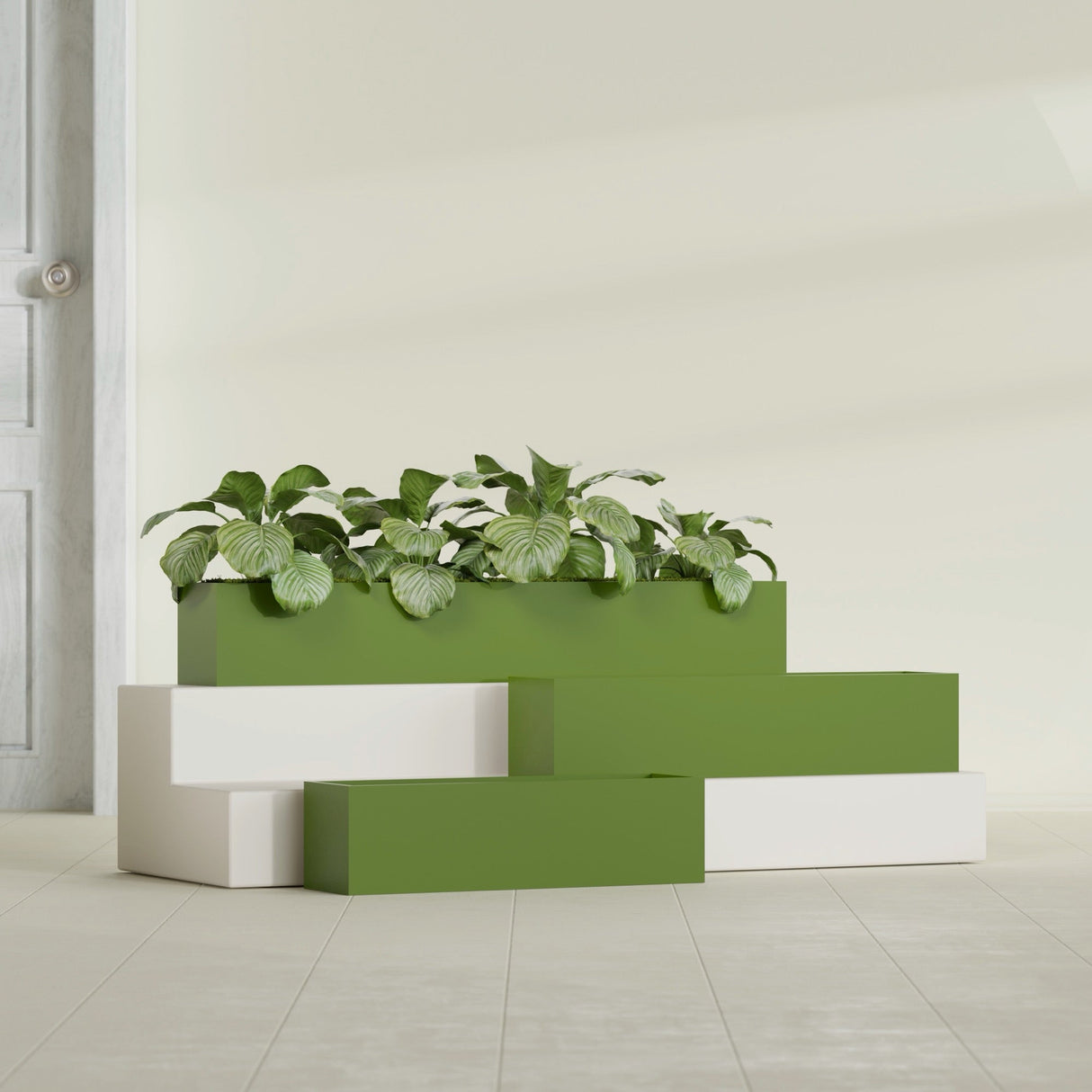 Monaco Rectangle fiberglass planter in Satin Green, shown planted, in a sunlit interior