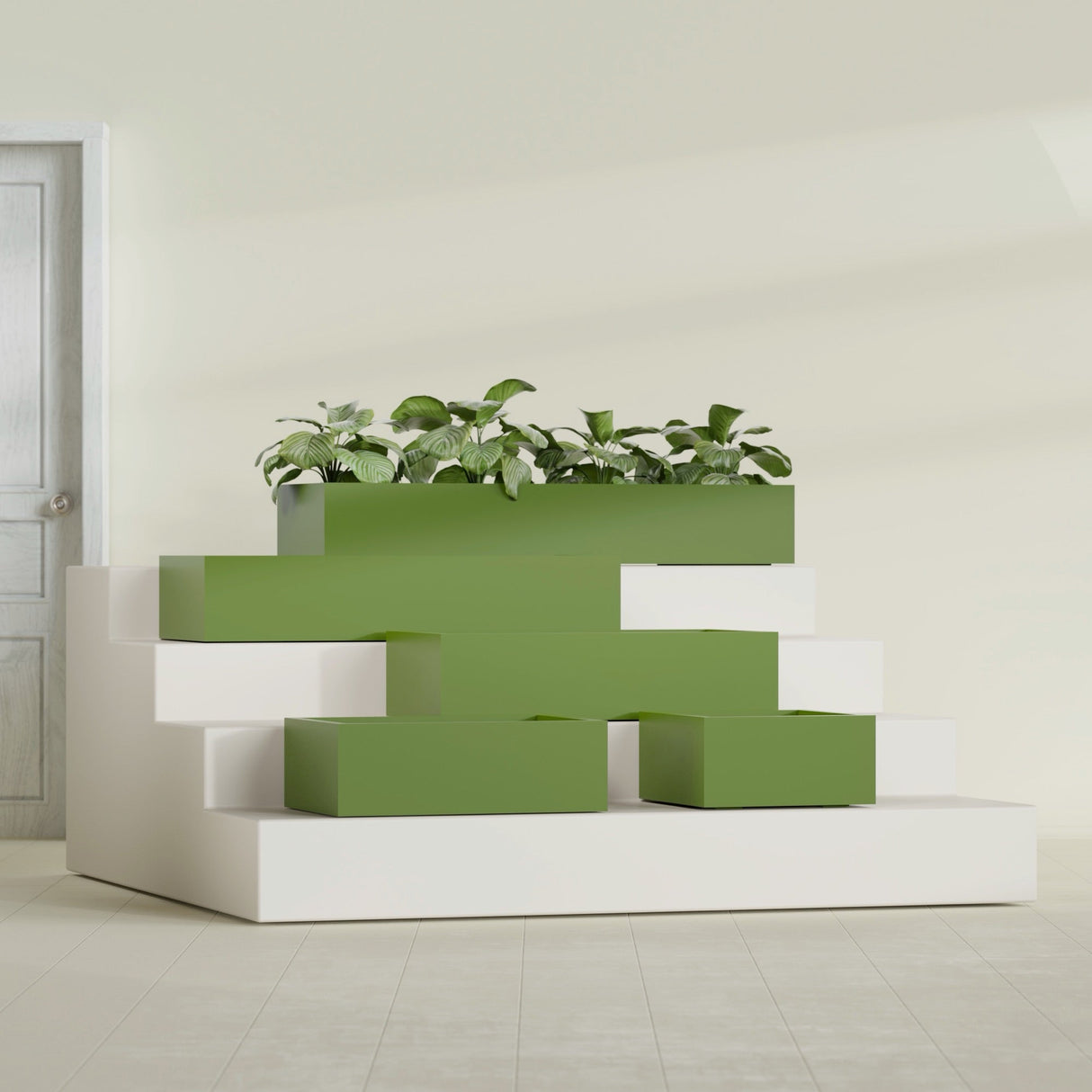 Antwerp Rectangular fiberglass planter in Satin Green, size range, in a sunlit interior