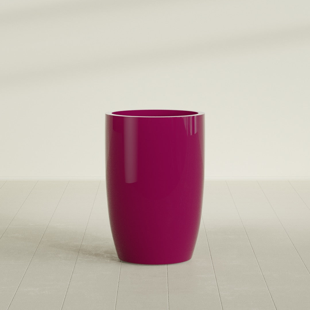 Lisbon tall round tapered fiberglass planter in Gloss Eggplant, 24 in diameter, 36 in high, shown empty