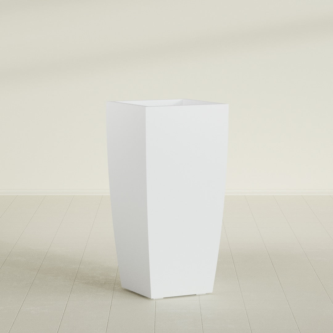 Toulan Tapered Square Planter in Gloss Bright White, 20"W × 42"H, shown empty