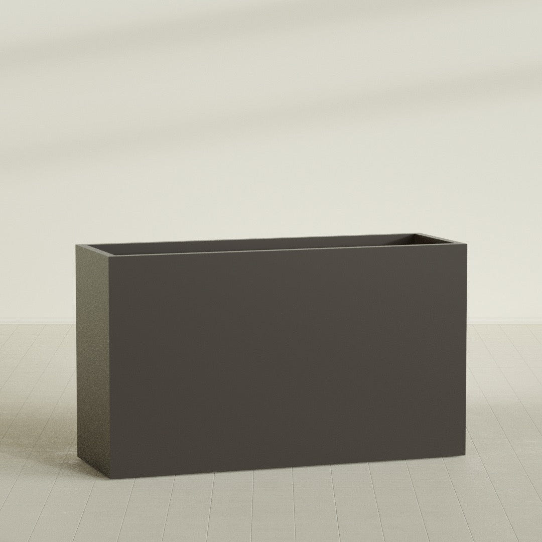 Darwin Rectangular Planter in Matte Dark Brown, 72"L × 24"D × 42"H, shown empty