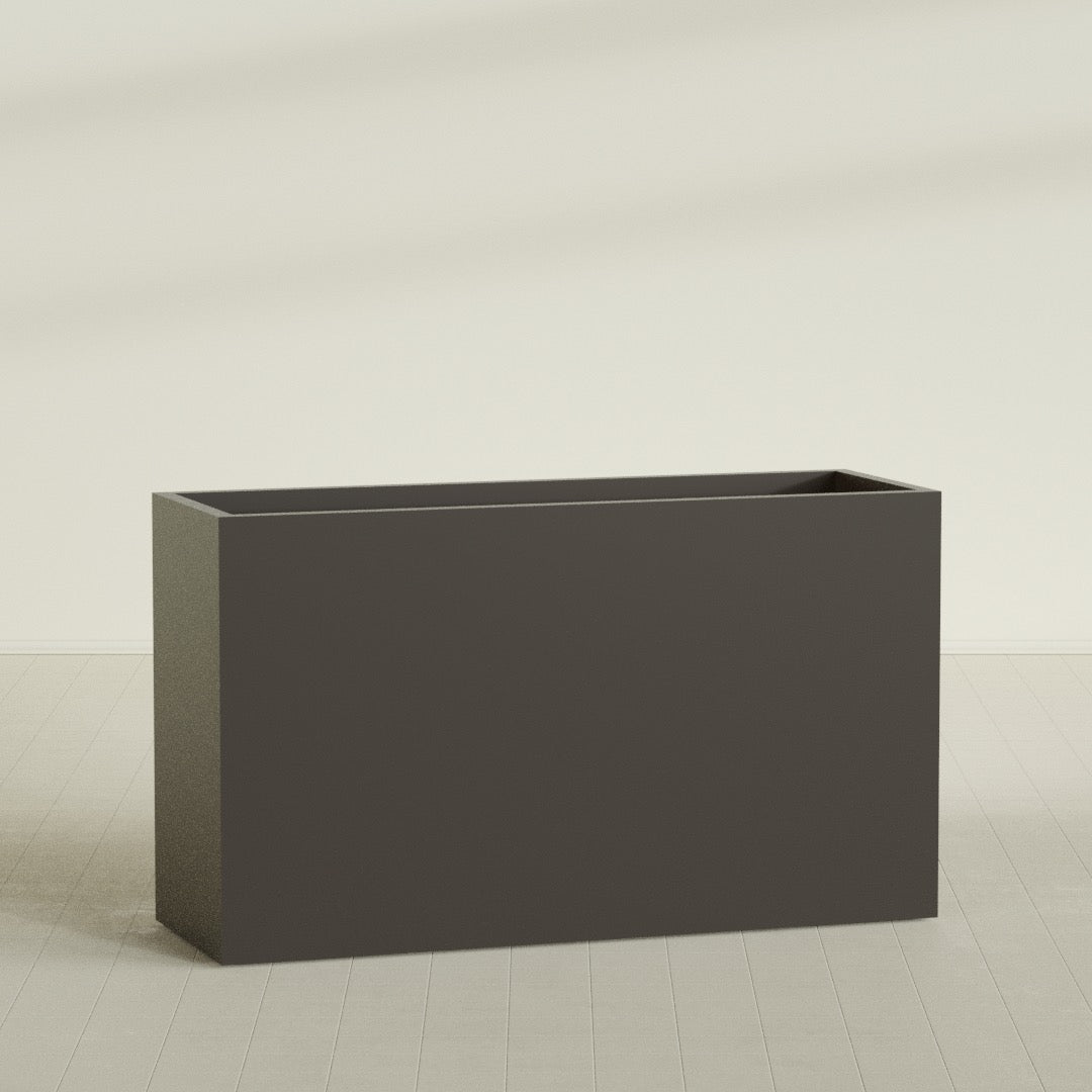 Darwin Rectangular Planter in Matte Dark Brown, 72"L × 24"D × 42"H, shown empty