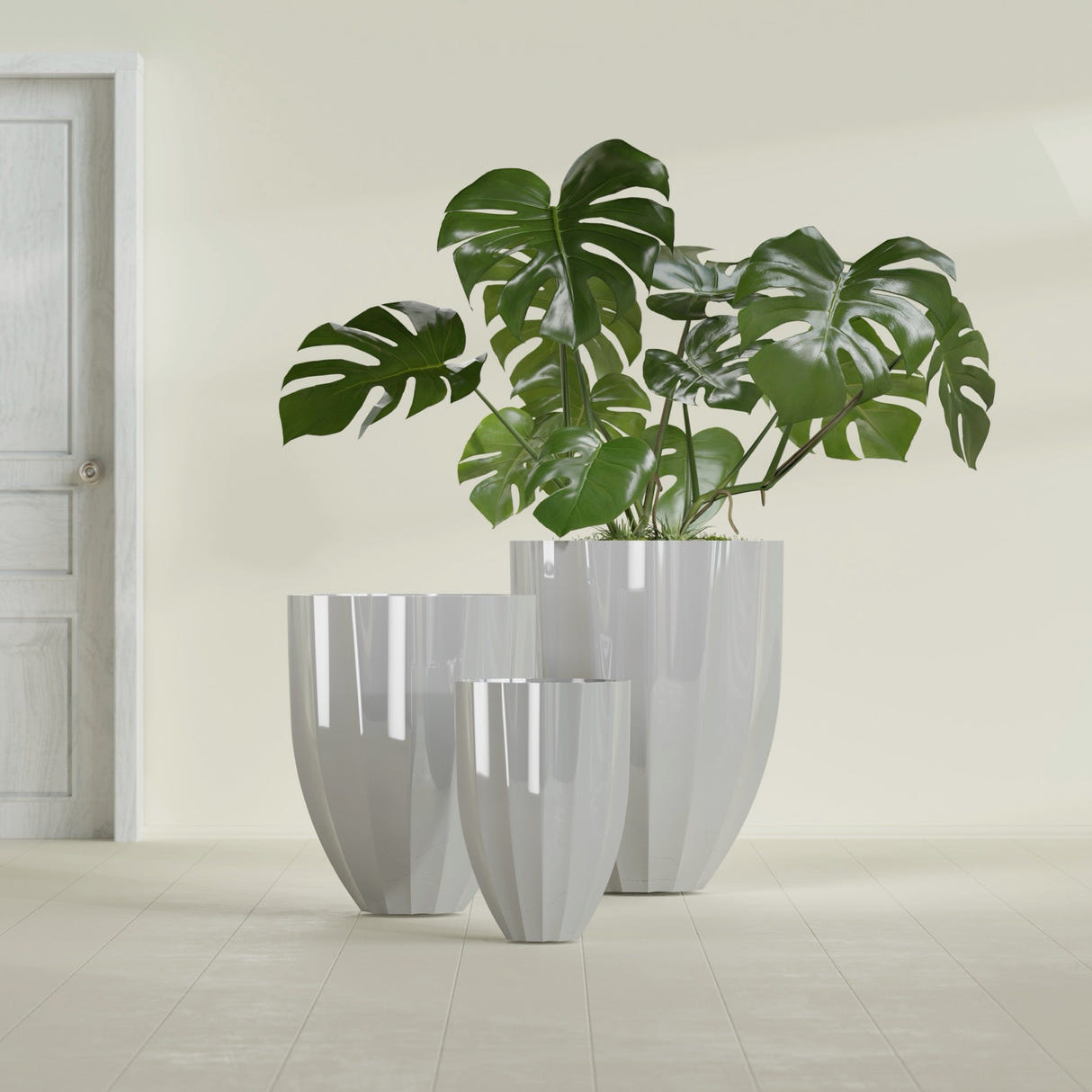 Alicante Fluted Planter in Metallic Silver, 15"D × 21"H, shown empty
