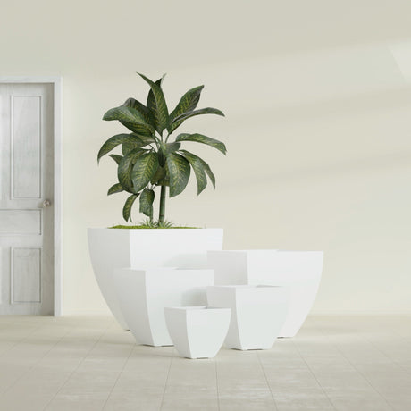 Lima Tapered Square fiberglass planter in Gloss Bright White, size range, in a sunlit interior