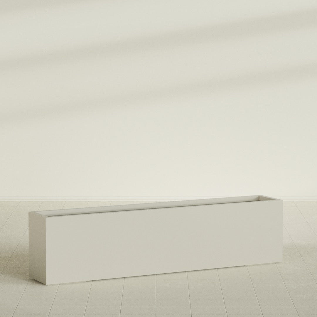 Miami Narrow Rectangular Planter in Satin Beige, 72"L × 12"D × 18"H, shown empty