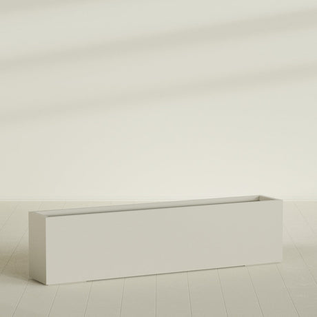 Miami Narrow Rectangular Planter in Satin Beige, 72"L × 12"D × 18"H, shown empty