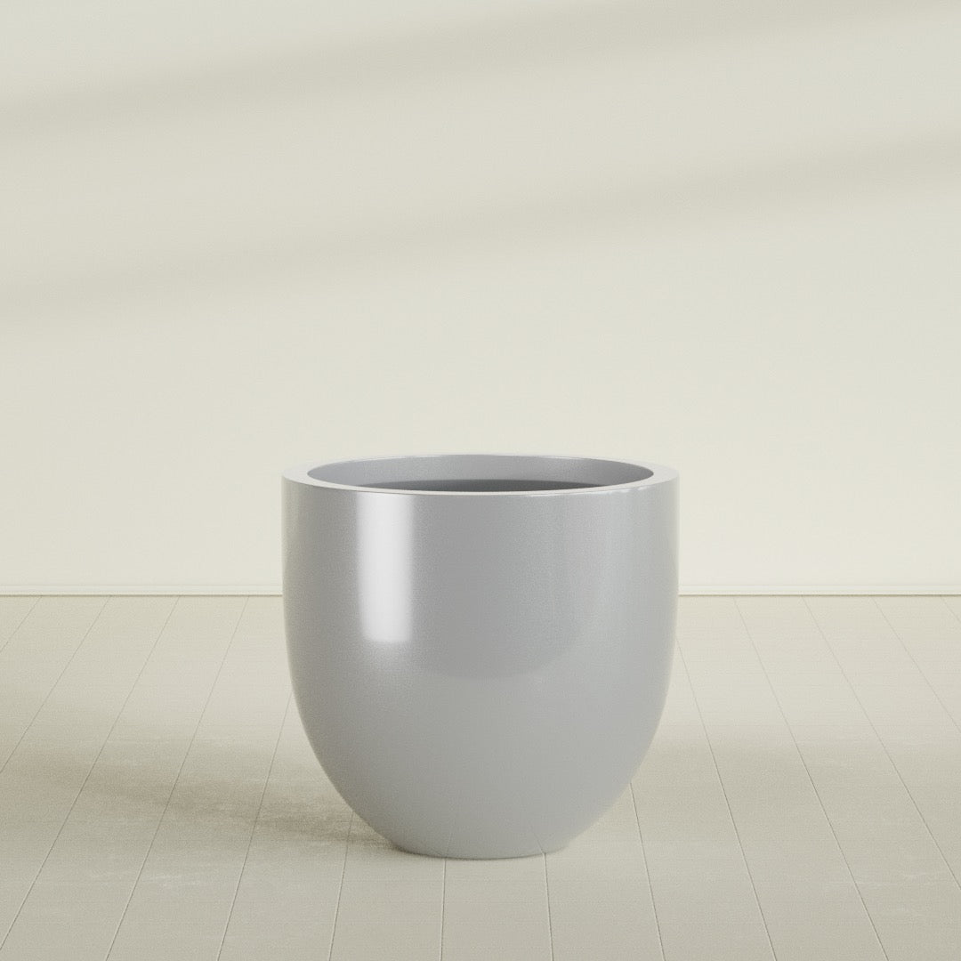 Alzira Bowl Planter in Metallic Silver, 36"D × 34"H, shown empty