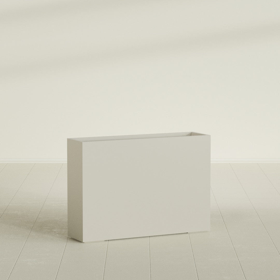 Perth Rectangular Planter in Satin Beige, 60"L × 16"D × 42"H, shown empty