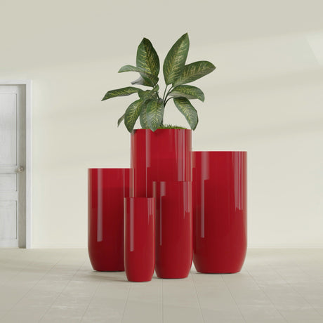Saint Tropez Bullet Round Planter in Gloss Red, 28"D × 60"H, shown empty