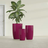 Lisbon Tall Round fiberglass planter in Gloss Eggplant, size range, in a sunlit interior
