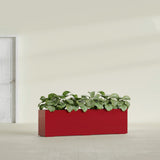 Hudson Extra Long fiberglass planter in Gloss Red, shown planted, in a sunlit interior