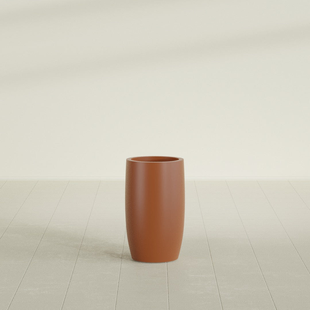 Lisbon tall round tapered fiberglass planter in Matte Terra Cotta, 14 in diameter, 25 in high, shown empty